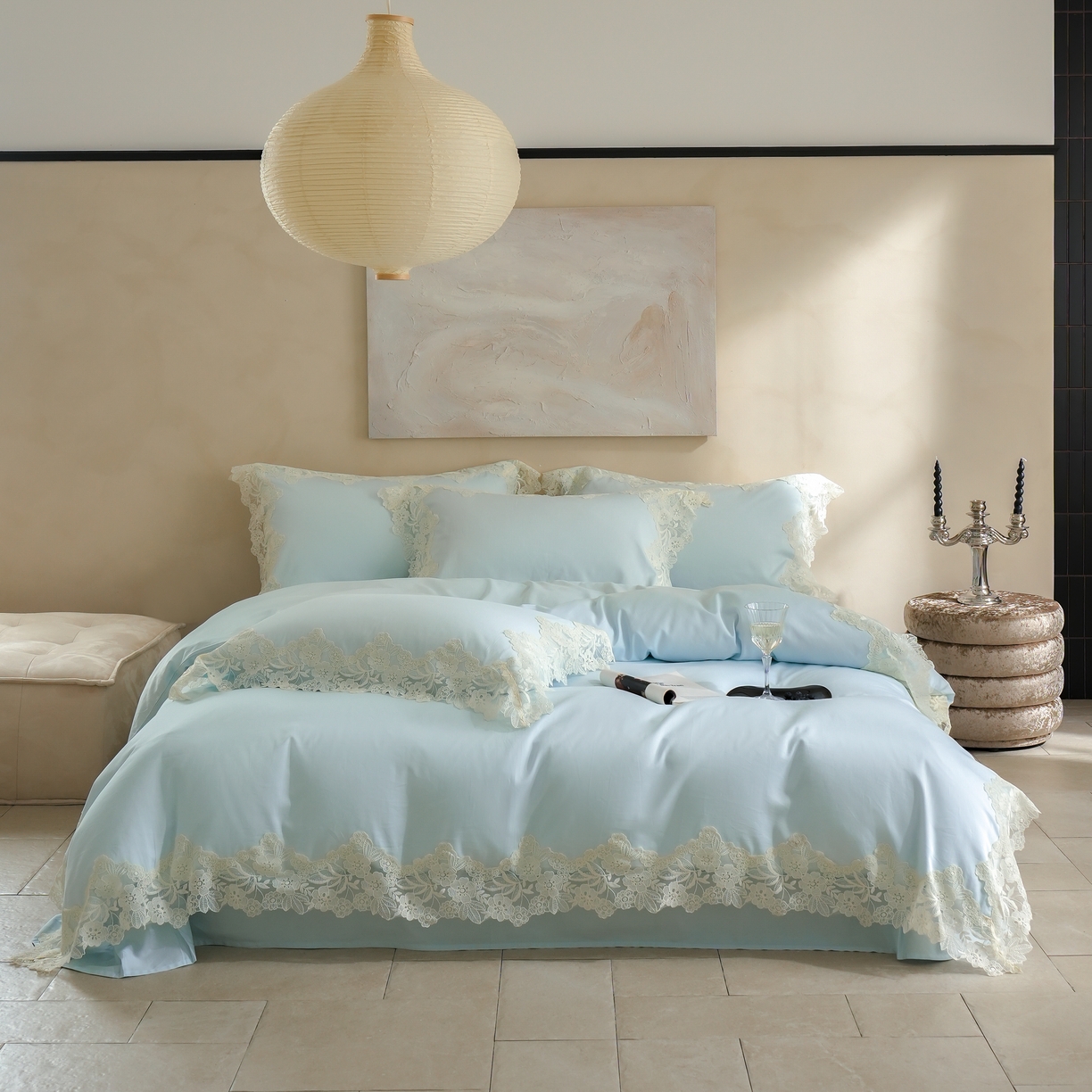 91家纺网 家纺一手货源 找家纺 秀色家纺 2025新款法式田园轻奢蕾丝荷叶边被套贡缎全棉四件套纯棉公主风高级床品（轻奢风） 白云山茶-远山蓝