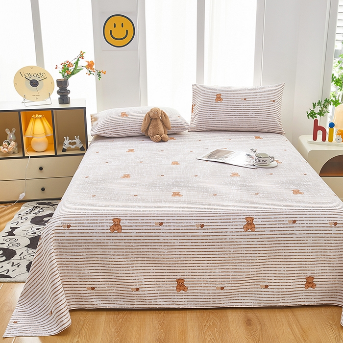 91家纺网 家纺一手货源 找家纺 蕾诺家纺 2025新款老粗布加厚全包防滑床单可组合三件套 条纹熊