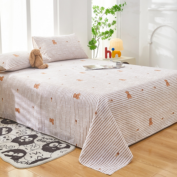 91家纺网 家纺一手货源 找家纺 蕾诺家纺 2025新款老粗布加厚全包防滑床单可组合三件套 条纹熊