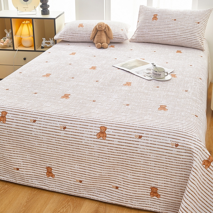 91家纺网 家纺一手货源 找家纺 蕾诺家纺 2025新款老粗布加厚全包防滑床单可组合三件套 条纹熊