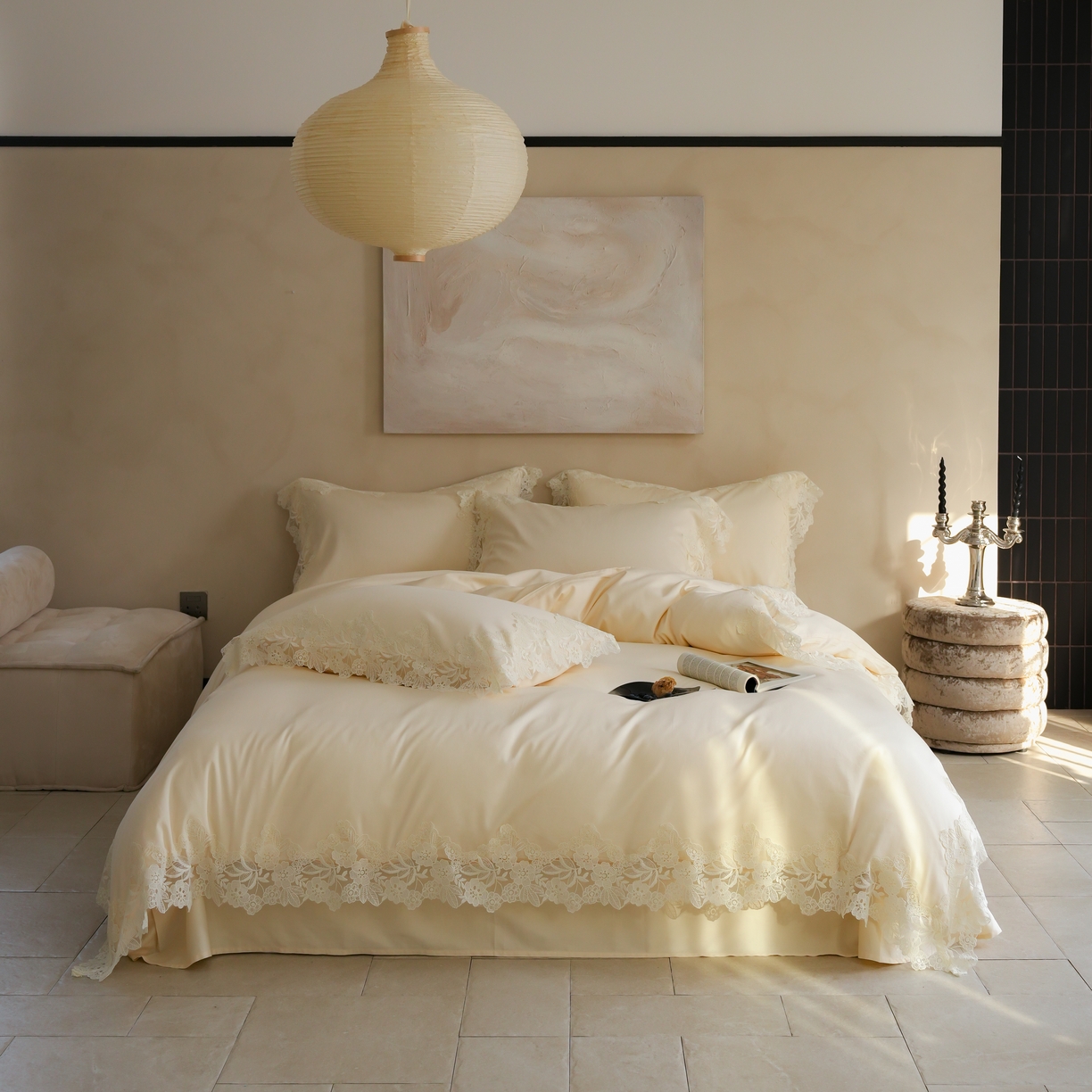 91家纺网 家纺一手货源 找家纺 （总）秀色家纺 2025新款法式田园轻奢蕾丝荷叶边被套贡缎全棉四件套纯棉公主风高级床品（轻奢风）