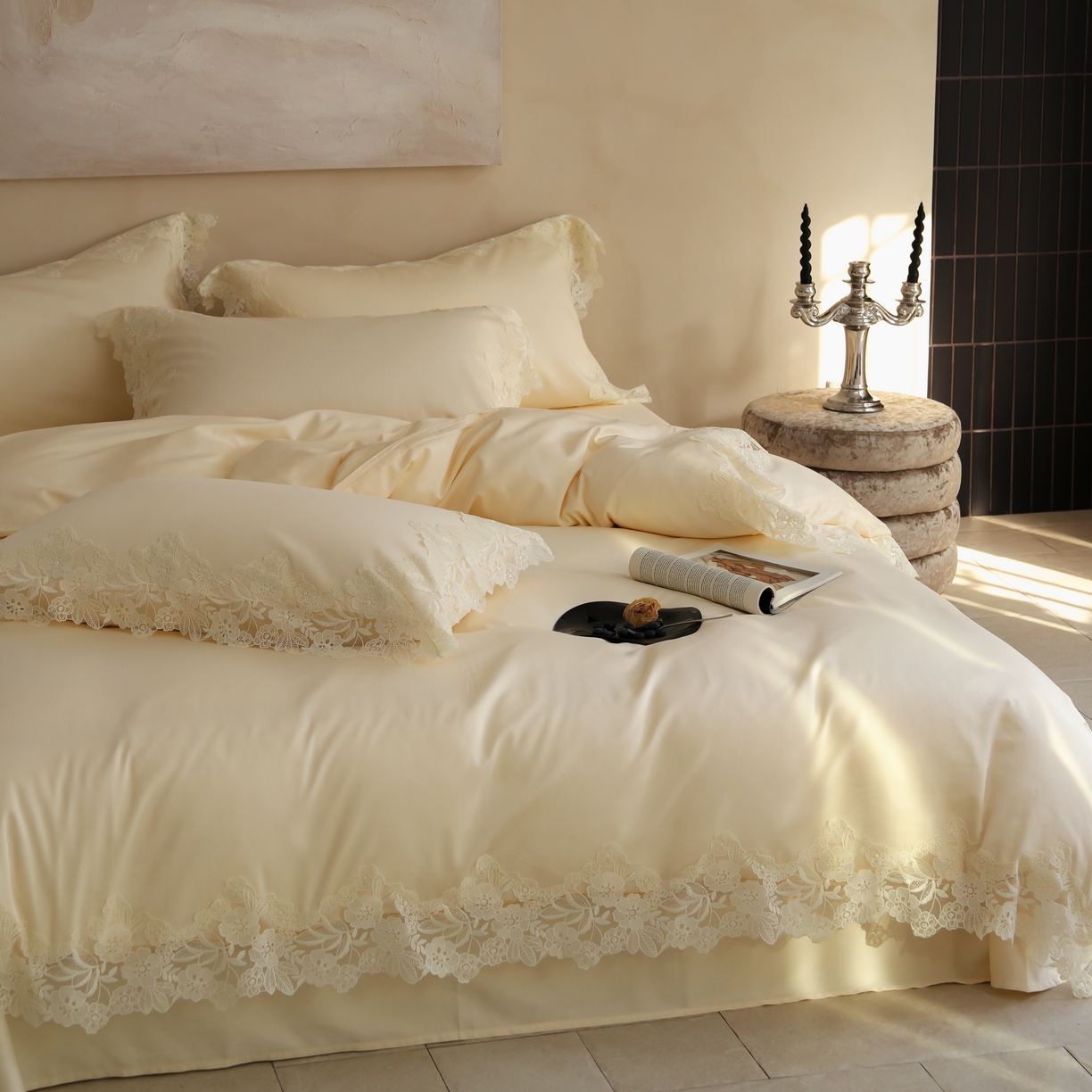 91家纺网 家纺一手货源 找家纺 （总）秀色家纺 2025新款法式田园轻奢蕾丝荷叶边被套贡缎全棉四件套纯棉公主风高级床品（轻奢风）