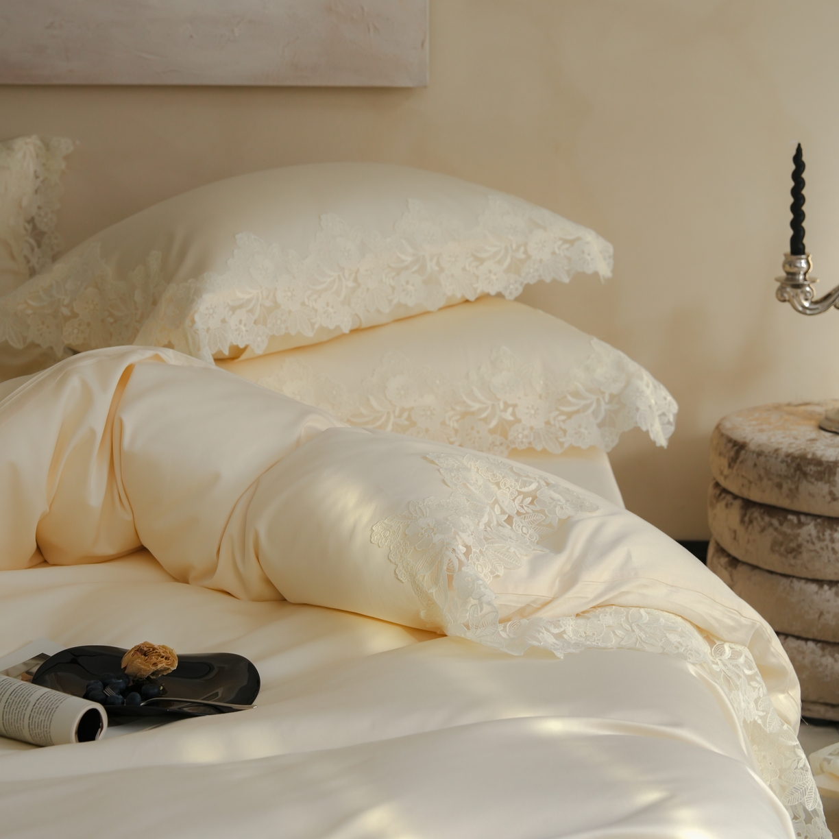 91家纺网 家纺一手货源 找家纺 （总）秀色家纺 2025新款法式田园轻奢蕾丝荷叶边被套贡缎全棉四件套纯棉公主风高级床品（轻奢风）