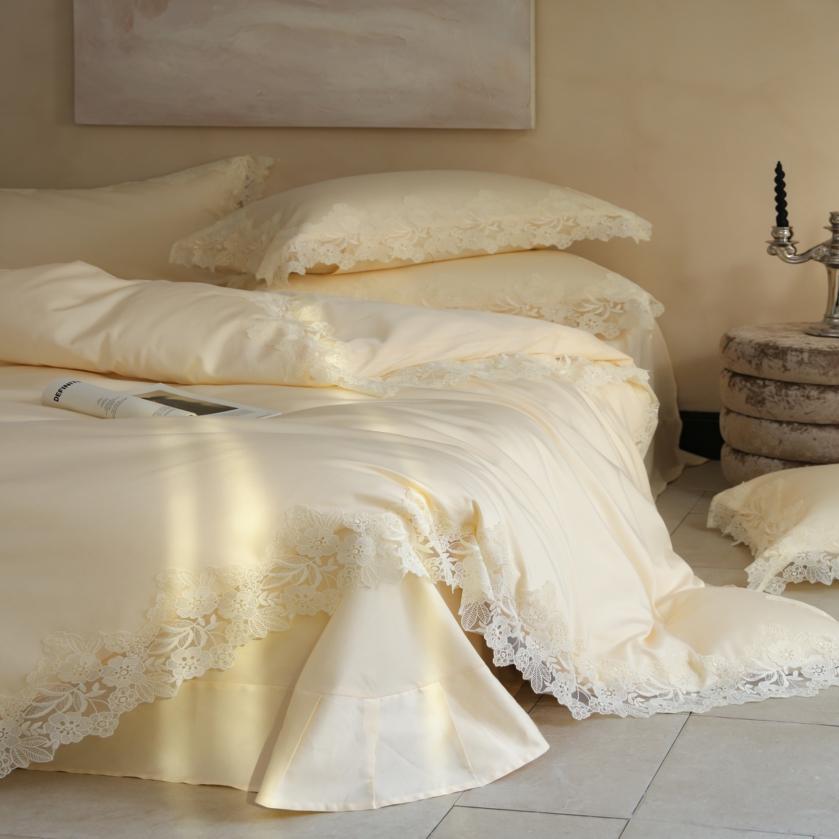 91家纺网 家纺一手货源 找家纺 （总）秀色家纺 2025新款法式田园轻奢蕾丝荷叶边被套贡缎全棉四件套纯棉公主风高级床品（轻奢风）