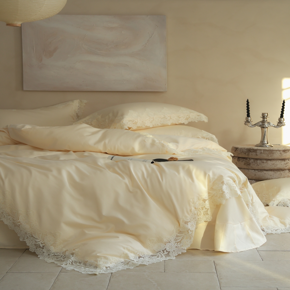 91家纺网 家纺一手货源 找家纺 （总）秀色家纺 2025新款法式田园轻奢蕾丝荷叶边被套贡缎全棉四件套纯棉公主风高级床品（轻奢风）