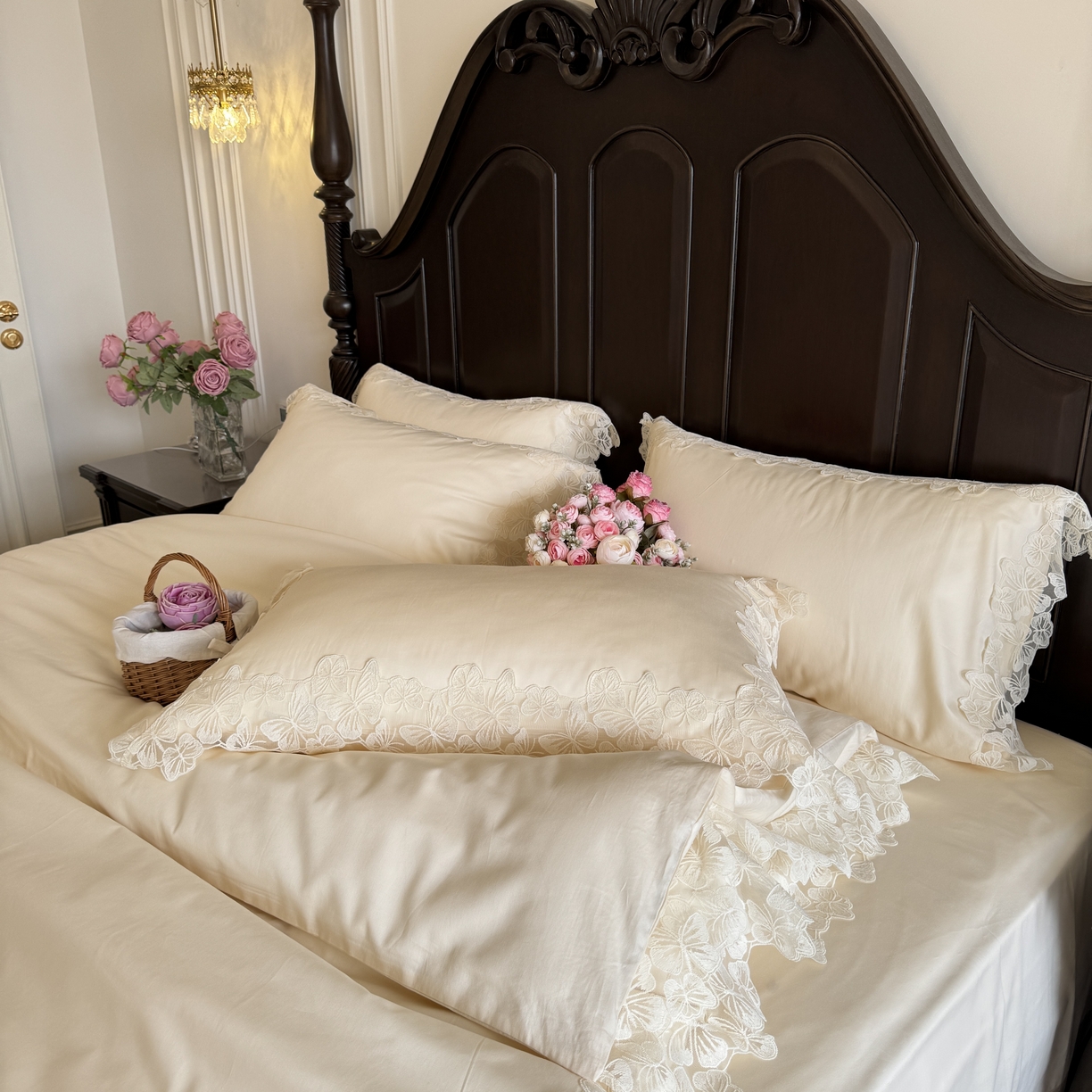 91家纺网 家纺一手货源 找家纺 （总）秀色家纺 秀色家纺 2025新款法式田园轻奢蕾丝荷叶边被套贡缎全棉四件套纯棉公主风高级床品（网红实拍风）