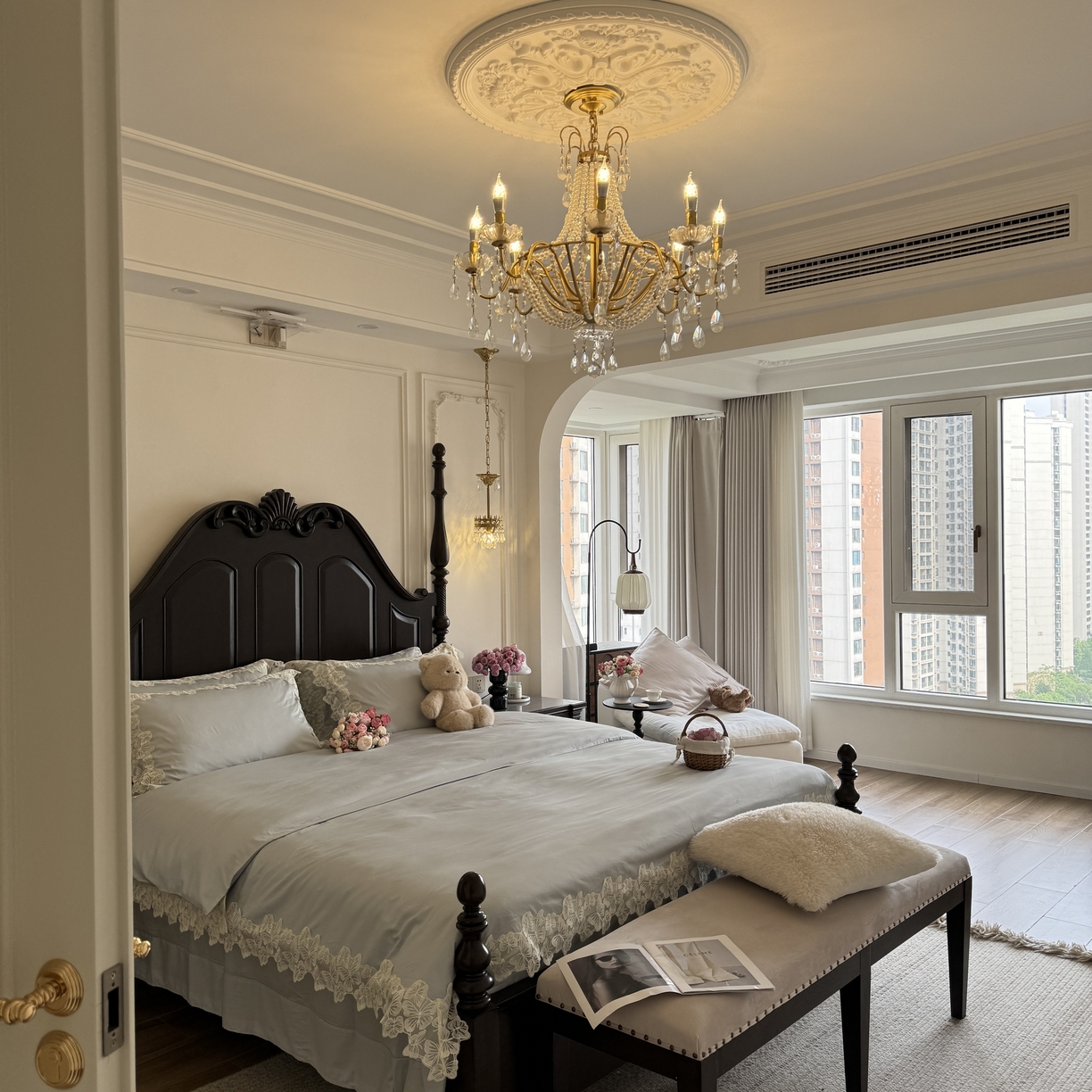 91家纺网 家纺一手货源 找家纺 秀色家纺 秀色家纺 2025新款法式田园轻奢蕾丝荷叶边被套贡缎全棉四件套纯棉公主风高级床品（网红实拍风） 星光蝴蝶-远山蓝