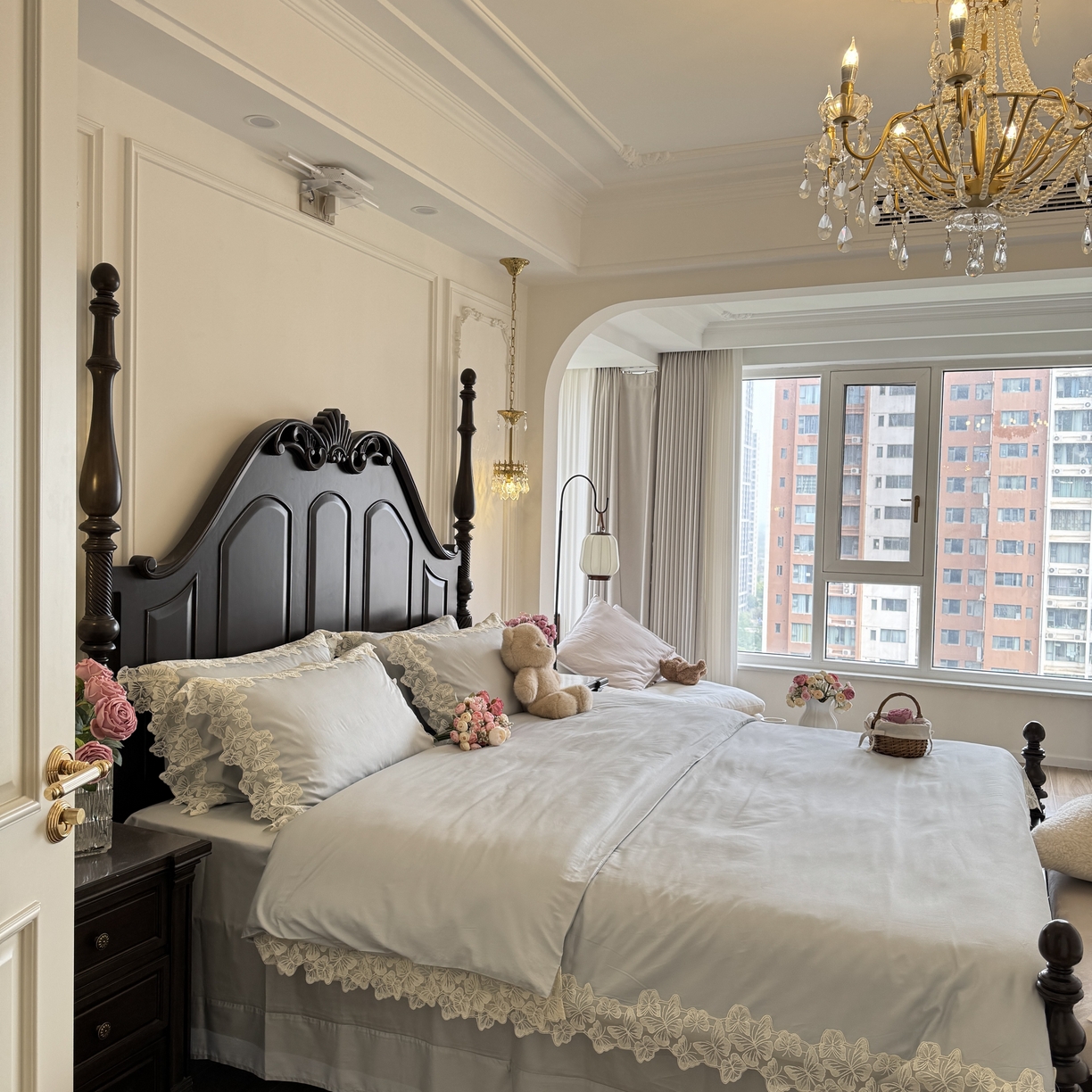 91家纺网 家纺一手货源 找家纺 秀色家纺 秀色家纺 2025新款法式田园轻奢蕾丝荷叶边被套贡缎全棉四件套纯棉公主风高级床品（网红实拍风） 星光蝴蝶-远山蓝