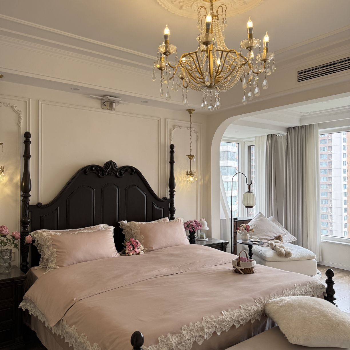 91家纺网 家纺一手货源 找家纺 秀色家纺 秀色家纺 2025新款法式田园轻奢蕾丝荷叶边被套贡缎全棉四件套纯棉公主风高级床品（网红实拍风） 星光蝴蝶-茱萸粉