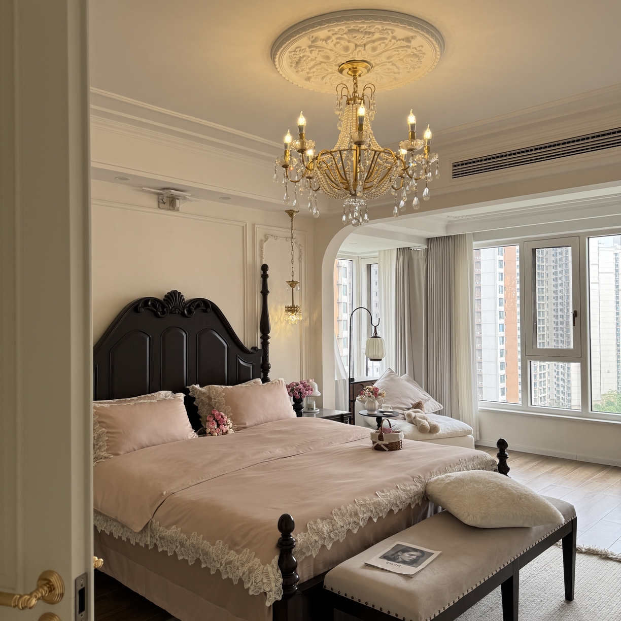 91家纺网 家纺一手货源 找家纺 秀色家纺 秀色家纺 2025新款法式田园轻奢蕾丝荷叶边被套贡缎全棉四件套纯棉公主风高级床品（网红实拍风） 星光蝴蝶-茱萸粉