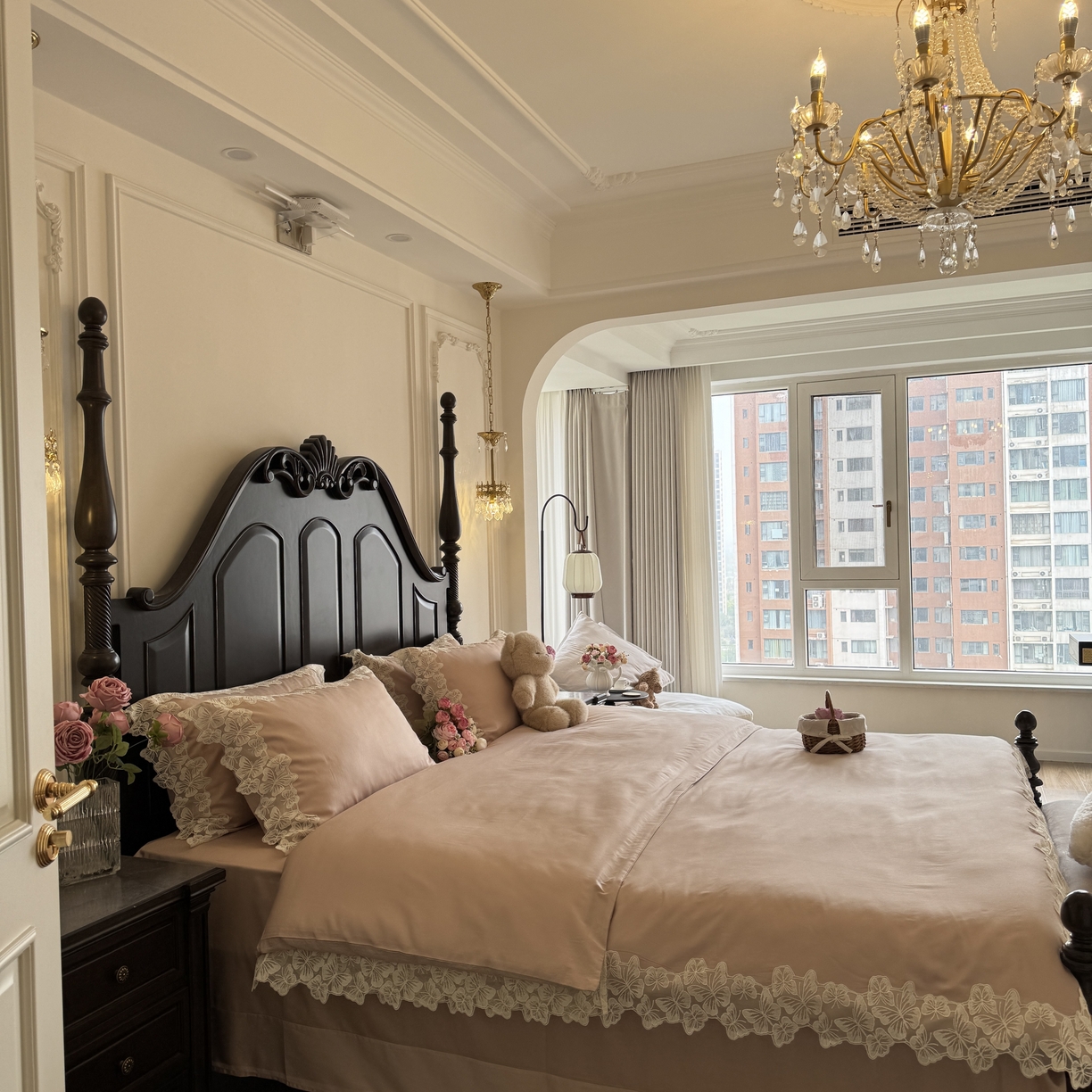 91家纺网 家纺一手货源 找家纺 秀色家纺 秀色家纺 2025新款法式田园轻奢蕾丝荷叶边被套贡缎全棉四件套纯棉公主风高级床品（网红实拍风） 星光蝴蝶-茱萸粉