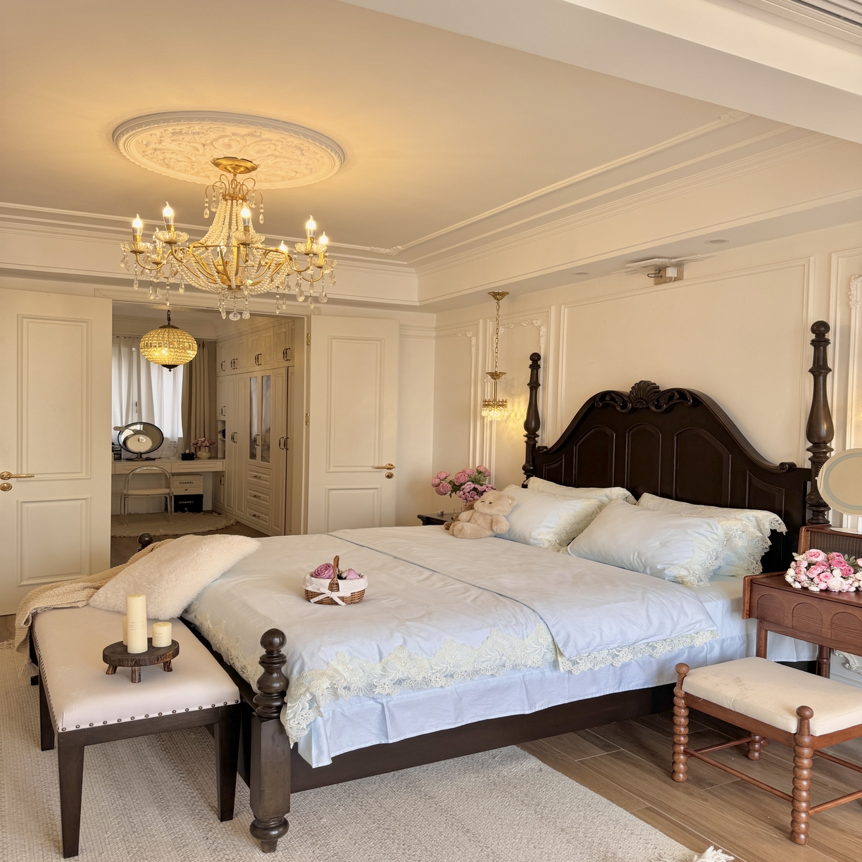 91家纺网 家纺一手货源 找家纺 秀色家纺 秀色家纺 2025新款法式田园轻奢蕾丝荷叶边被套贡缎全棉四件套纯棉公主风高级床品（网红实拍风） 星光蝴蝶-远山蓝