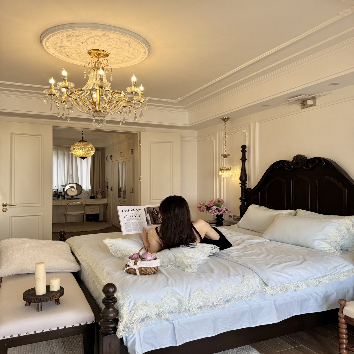 91家纺网 家纺一手货源 找家纺 秀色家纺 秀色家纺 2025新款法式田园轻奢蕾丝荷叶边被套贡缎全棉四件套纯棉公主风高级床品（网红实拍风） 星光蝴蝶-远山蓝