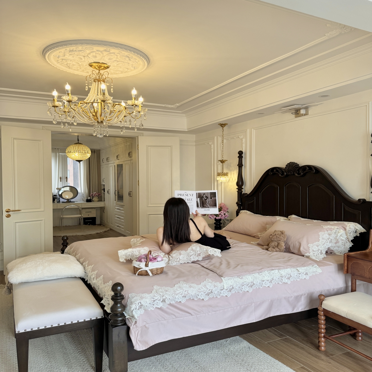 91家纺网 家纺一手货源 找家纺 秀色家纺 秀色家纺 2025新款法式田园轻奢蕾丝荷叶边被套贡缎全棉四件套纯棉公主风高级床品（网红实拍风） 星光蝴蝶-茱萸粉