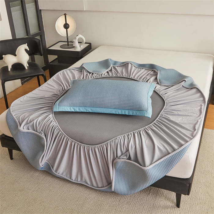 91家纺网 家纺一手货源 找家纺 布卢姆床垫 2025新款A类PE凉感华夫格刺绣凉豆豆席床笠款 豆豆床笠-梵星蓝