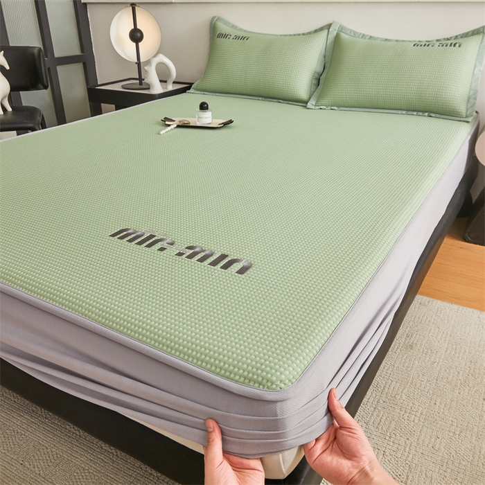 91家纺网 家纺一手货源 找家纺 布卢姆床垫 2025新款A类PE凉感华夫格刺绣凉豆豆席床笠款 豆豆床笠-果绿