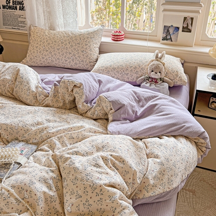 91家纺网 家纺一手货源 找家纺 （总）一比一 2025新款云感皱皱双层纱四件套-简单款