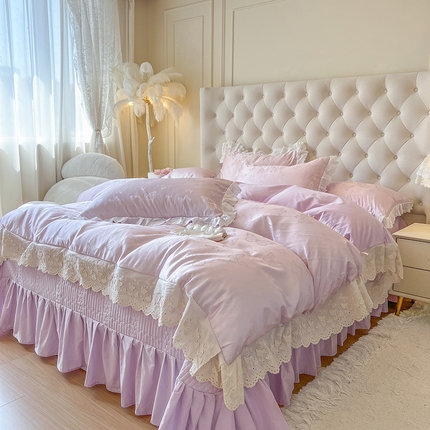 瑞宝 2025新款法式花边贡缎提花床盖四件套-蝶与梦 梦幻紫