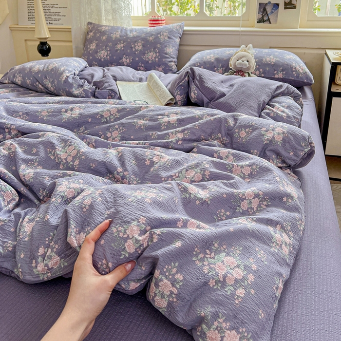 91家纺网 家纺一手货源 找家纺 仟网汇 2025新款云感皱皱纱简单款四件套豆蔻