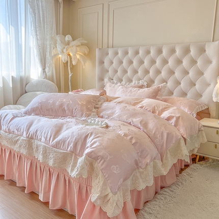 91家纺网 家纺一手货源 找家纺 （总）瑞宝 2025新款法式花边贡缎提花床盖四件套-蝶与梦