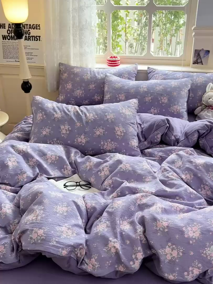 91家纺网 家纺一手货源 找家纺 仟网汇 2025新款云感皱皱纱简单款四件套豆蔻