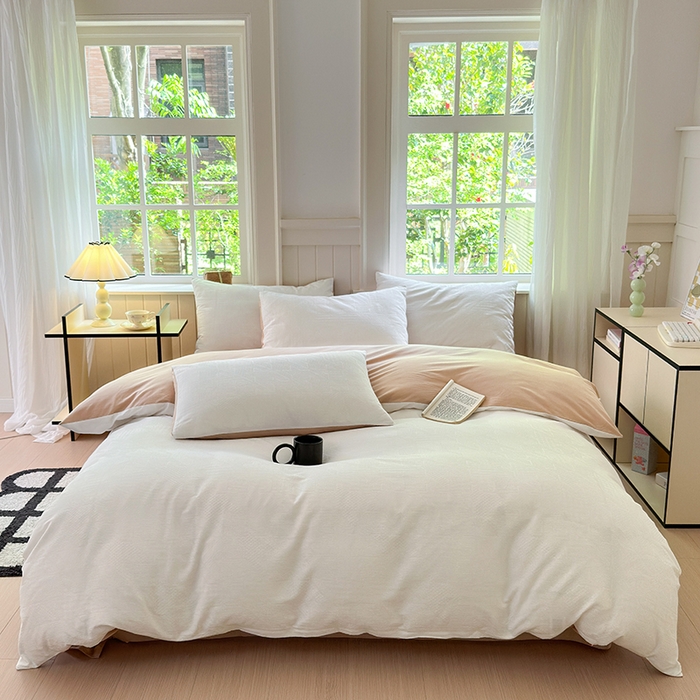 91家纺网 家纺一手货源 找家纺 菡宝 2025新款A类简约风全棉色织小提花四件套 支持定做定制尺寸 千鸟格白