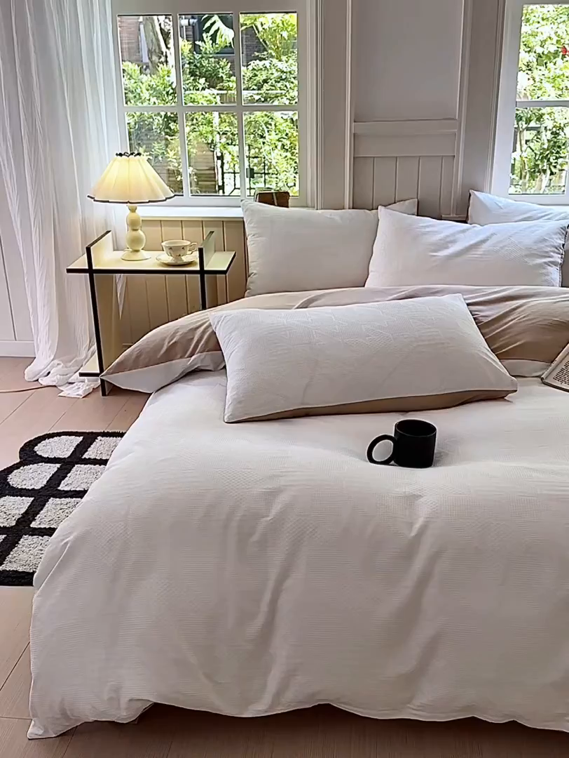 91家纺网 家纺一手货源 找家纺 菡宝 2025新款A类简约风全棉色织小提花四件套 支持定做定制尺寸 千鸟格白