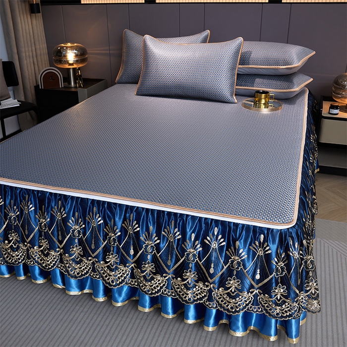 91家纺网 家纺一手货源 找家纺 （总）罗艺轩 2025新款可拆卸床笠式床裙凉感冰丝藤席三件套-爱星海