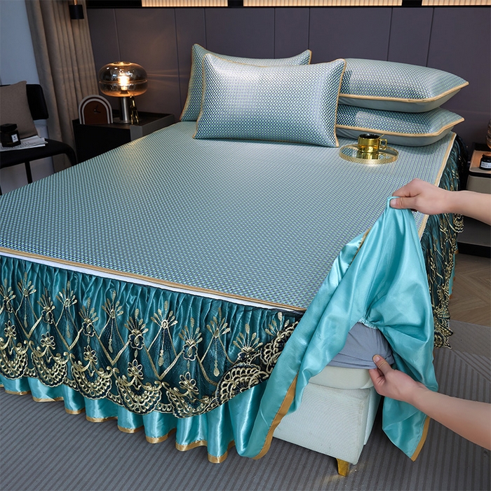 91家纺网 家纺一手货源 找家纺 （总）罗艺轩 2025新款可拆卸床笠式床裙凉感冰丝藤席三件套-爱星海