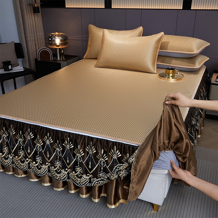 91家纺网 家纺一手货源 找家纺 （总）罗艺轩 2025新款可拆卸床笠式床裙凉感冰丝藤席三件套-爱星海