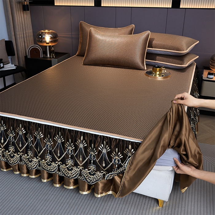 91家纺网 家纺一手货源 找家纺 （总）罗艺轩 2025新款可拆卸床笠式床裙凉感冰丝藤席三件套-爱星海