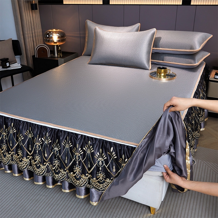 91家纺网 家纺一手货源 找家纺 （总）罗艺轩 2025新款可拆卸床笠式床裙凉感冰丝藤席三件套-爱星海