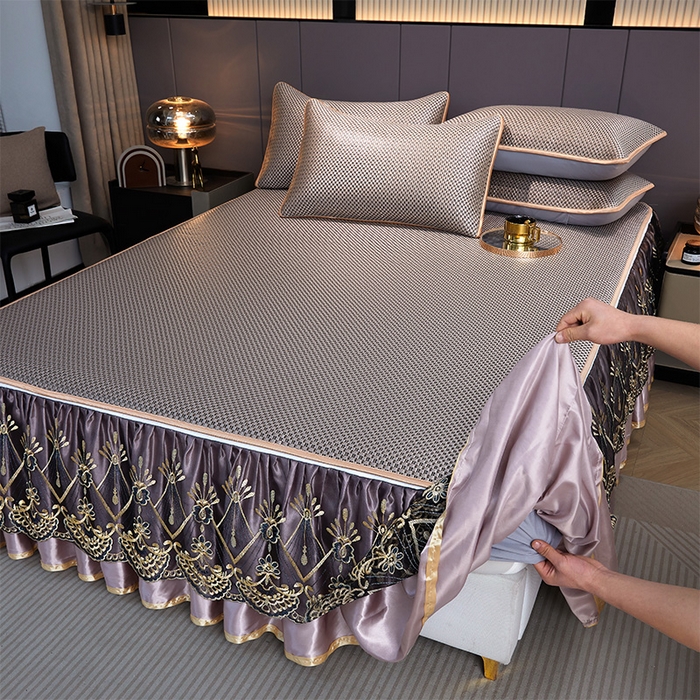 91家纺网 家纺一手货源 找家纺 （总）罗艺轩 2025新款可拆卸床笠式床裙凉感冰丝藤席三件套-爱星海