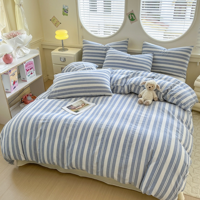 91家纺网 家纺一手货源 找家纺 菡宝 2025新款A类纯棉全棉色织水洗棉四件套 支持定做定制尺寸 赫本-海盐蓝