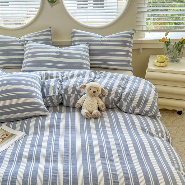 91家纺网 家纺一手货源 找家纺 菡宝 2025新款A类纯棉全棉色织水洗棉四件套 支持定做定制尺寸 赫本-海盐蓝