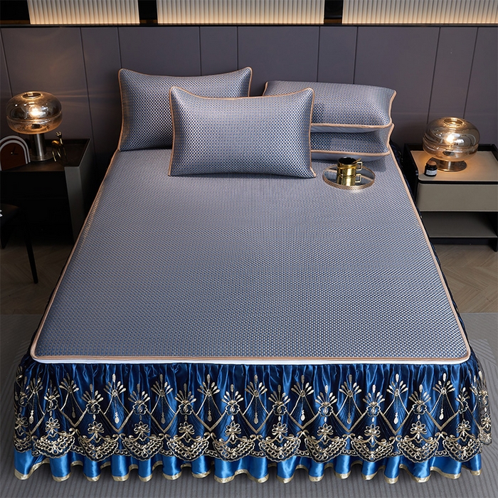 91家纺网 家纺一手货源 找家纺 罗艺轩 2025新款可拆卸床笠式床裙凉感冰丝藤席三件套-爱星海 爱星海-宝石蓝