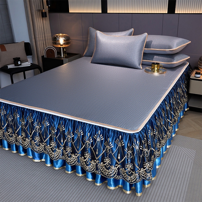 91家纺网 家纺一手货源 找家纺 罗艺轩 2025新款可拆卸床笠式床裙凉感冰丝藤席三件套-爱星海 爱星海-宝石蓝