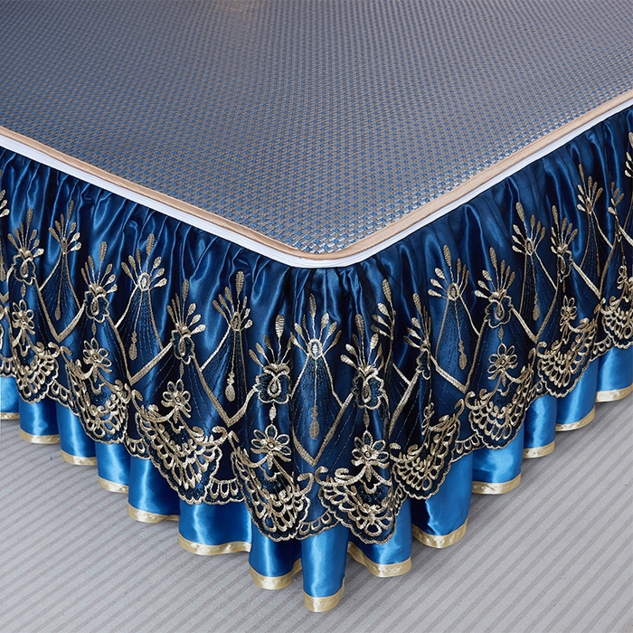 91家纺网 家纺一手货源 找家纺 罗艺轩 2025新款可拆卸床笠式床裙凉感冰丝藤席三件套-爱星海 爱星海-宝石蓝