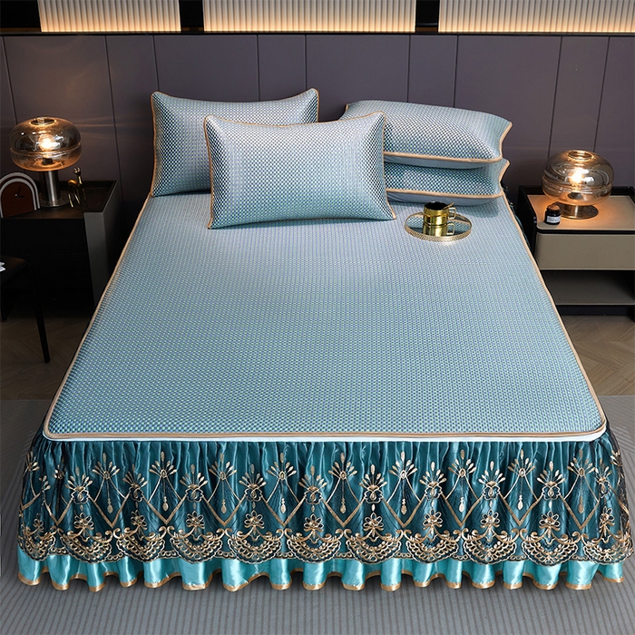 91家纺网 家纺一手货源 找家纺 罗艺轩 2025新款可拆卸床笠式床裙凉感冰丝藤席三件套-爱星海 爱星海-绿紫色