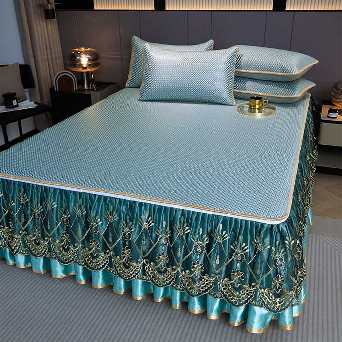 91家纺网 家纺一手货源 找家纺 罗艺轩 2025新款可拆卸床笠式床裙凉感冰丝藤席三件套-爱星海 爱星海-绿紫色