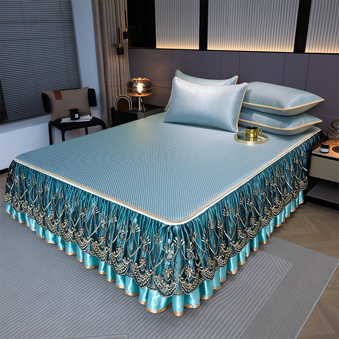 91家纺网 家纺一手货源 找家纺 罗艺轩 2025新款可拆卸床笠式床裙凉感冰丝藤席三件套-爱星海 爱星海-绿紫色