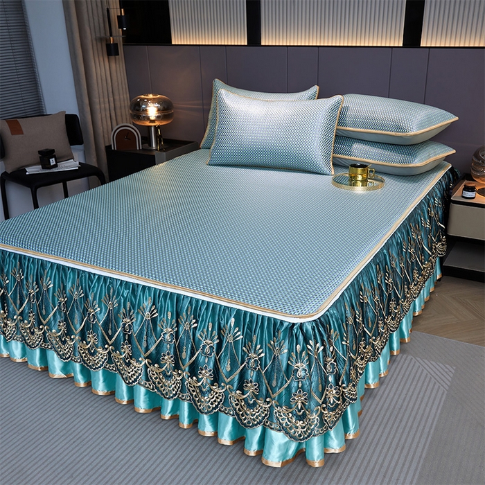 91家纺网 家纺一手货源 找家纺 罗艺轩 2025新款可拆卸床笠式床裙凉感冰丝藤席三件套-爱星海 爱星海-绿紫色