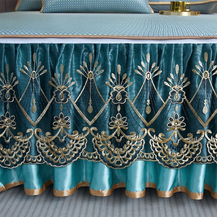 91家纺网 家纺一手货源 找家纺 罗艺轩 2025新款可拆卸床笠式床裙凉感冰丝藤席三件套-爱星海 爱星海-绿紫色