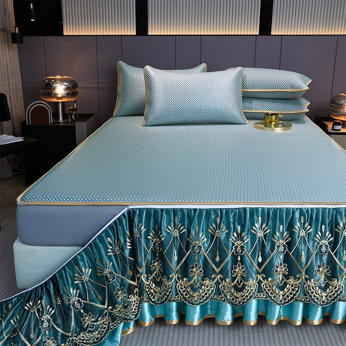 91家纺网 家纺一手货源 找家纺 罗艺轩 2025新款可拆卸床笠式床裙凉感冰丝藤席三件套-爱星海 爱星海-绿紫色