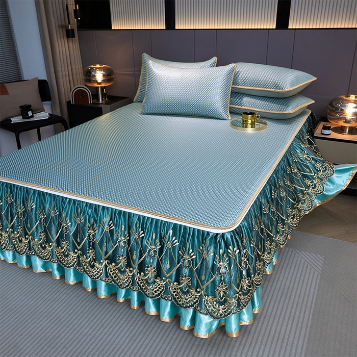 91家纺网 家纺一手货源 找家纺 罗艺轩 2025新款可拆卸床笠式床裙凉感冰丝藤席三件套-爱星海 爱星海-绿紫色