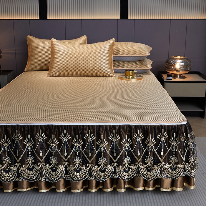 91家纺网 家纺一手货源 找家纺 罗艺轩 2025新款可拆卸床笠式床裙凉感冰丝藤席三件套-爱星海 爱星海-芦苇金