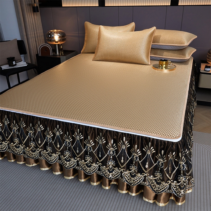 91家纺网 家纺一手货源 找家纺 罗艺轩 2025新款可拆卸床笠式床裙凉感冰丝藤席三件套-爱星海 爱星海-芦苇金