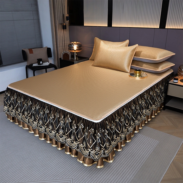 91家纺网 家纺一手货源 找家纺 罗艺轩 2025新款可拆卸床笠式床裙凉感冰丝藤席三件套-爱星海 爱星海-芦苇金