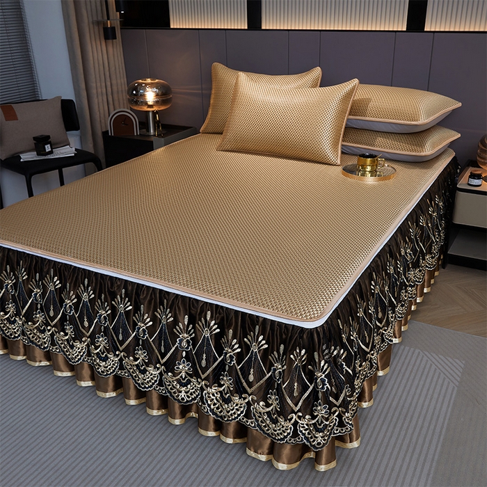 91家纺网 家纺一手货源 找家纺 罗艺轩 2025新款可拆卸床笠式床裙凉感冰丝藤席三件套-爱星海 爱星海-芦苇金