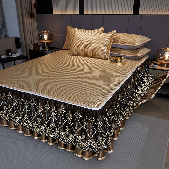 91家纺网 家纺一手货源 找家纺 罗艺轩 2025新款可拆卸床笠式床裙凉感冰丝藤席三件套-爱星海 爱星海-芦苇金